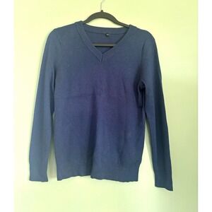 Arach&Clotz Women's Navy Blue Solid Knit V-Neck Wool Blend Pullover Sweater M